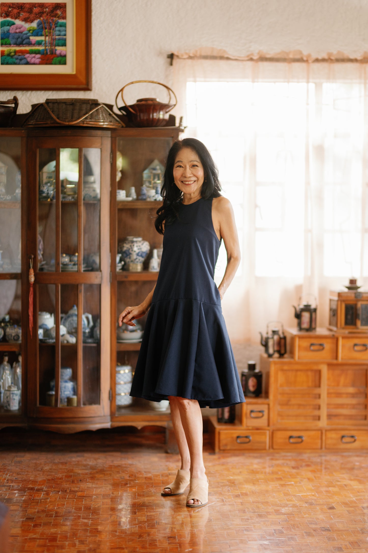 Ten-ish Dress in Oat, Off White, and Navy Blue