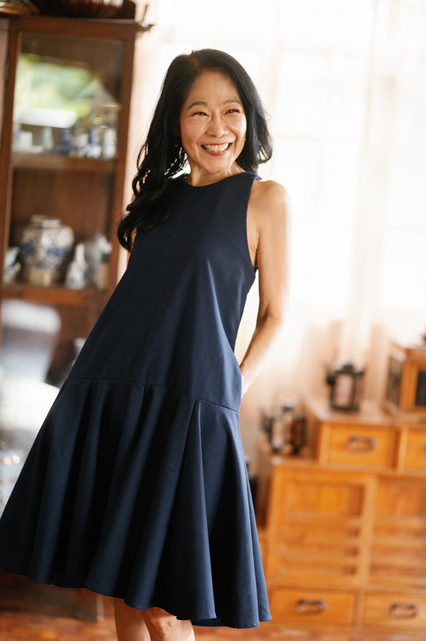 Ten-ish Dress in Oat, Off White, and Navy Blue