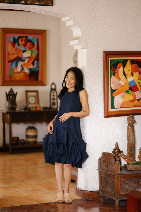 Ten-ish Dress in Oat, Off White, and Navy Blue